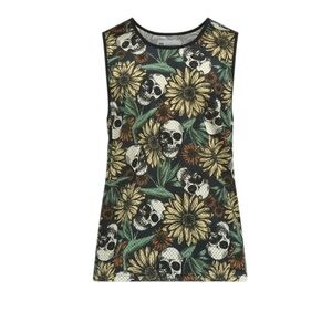 No Boundaries Mens M Floral Skull Print Mesh Tank Top Sunflowers